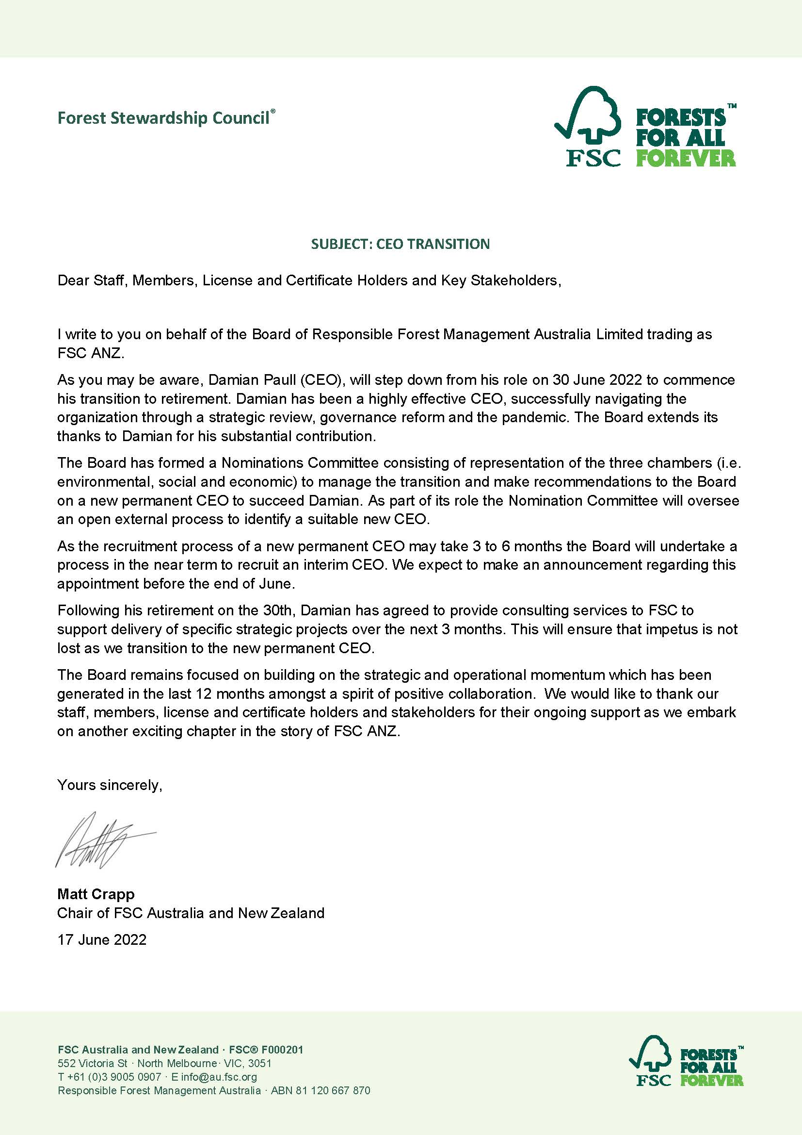 CEO Transition A Letter From the Chair of the Board Forest